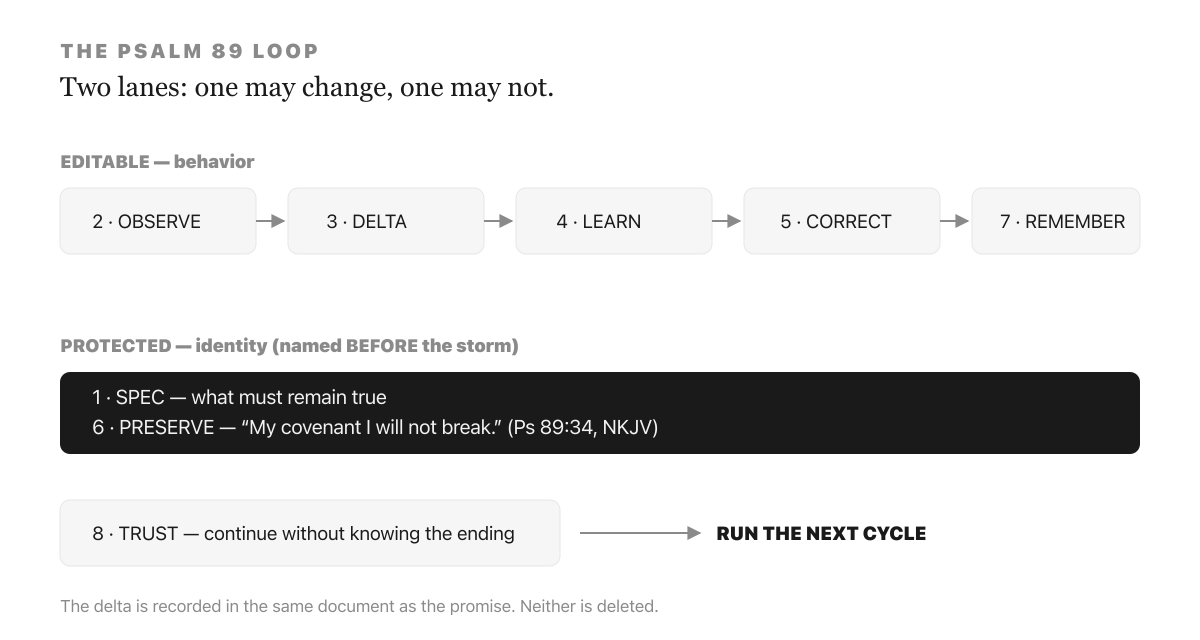 An eight-step loop: spec, observe, delta, learn, correct, preserve, remember, trust — returning to spec.