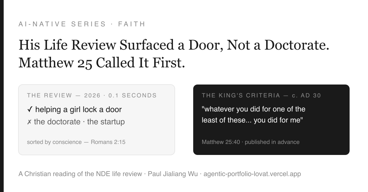 Two ledgers side by side: THE REVIEW (2026, 0.1 seconds) showing a door outranking a doctorate, and THE KING'S CRITERIA (Matthew 25, about AD 30) quoting 'whatever you did for one of the least of these… you did for me'