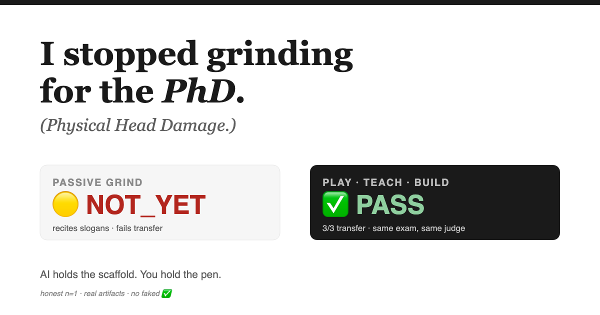 Two learners, one exam: passive grind scores NOT_YET, the play-teach-build loop scores PASS.