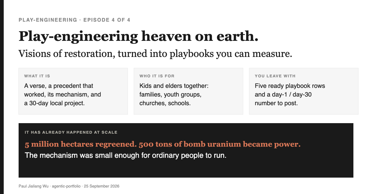 Title card: Play-engineering heaven on earth — visions of restoration turned into playbooks you can measure. Three boxes and a line: 5 million hectares regreened; 500 tons of bomb uranium became power.