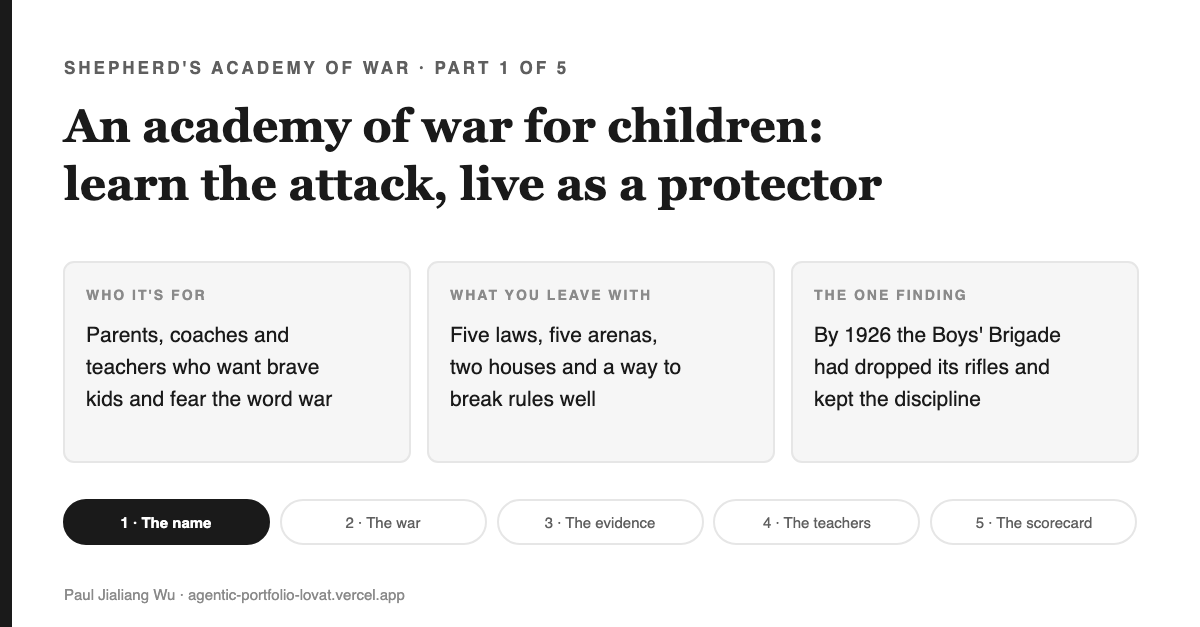 Cover: An Academy of War for children: learn the attack, live as a protector. Three cards: who it is for (parents, coaches and teachers who want brave kids and fear the word war), what you leave with (five laws, five arenas, two houses named David and Daniel, and a way to break rules well), and the one finding (by 1926 the Boys' Brigade had dropped its rifles and kept the discipline). Series map of five parts along the bottom, part 1 highlighted.