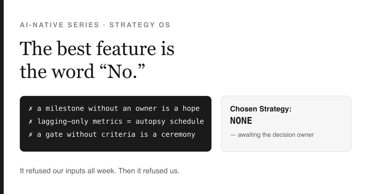Cover image: serif headline reading 'The best feature is the word No.' beside a dark terminal card listing three rejection messages from the engine, a light card reading 'Chosen Strategy: NONE — awaiting the decision owner', and the closing line 'It refused our inputs all week. Then it refused us.'
