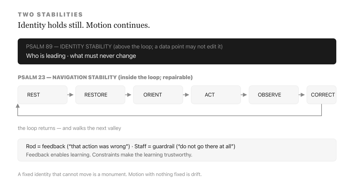 Two stabilities: Psalm 89 holds identity fixed while behavior adapts; Psalm 23 keeps motion going through rest, restore, orient, act, observe, correct.